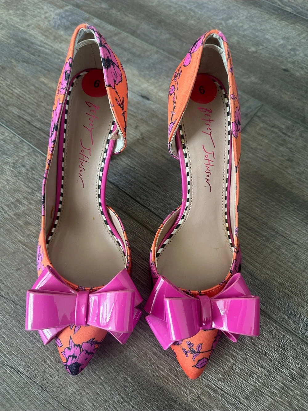Betsey Johnson Pink Bow Orange Floral D'Orsay Heels